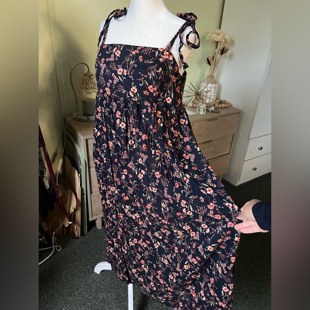 Navy Floral Print Midi Swing Tie Shoulder Square Neck Casual Flowy Summer Dress - Picture 8 of 16